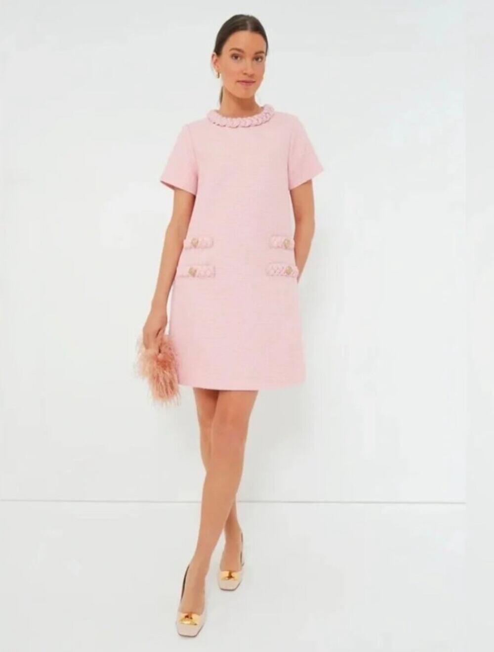 Tuckernuck Blossom Pink Tweed Jackie Dress XL Shift A-Line Braided Trim $268